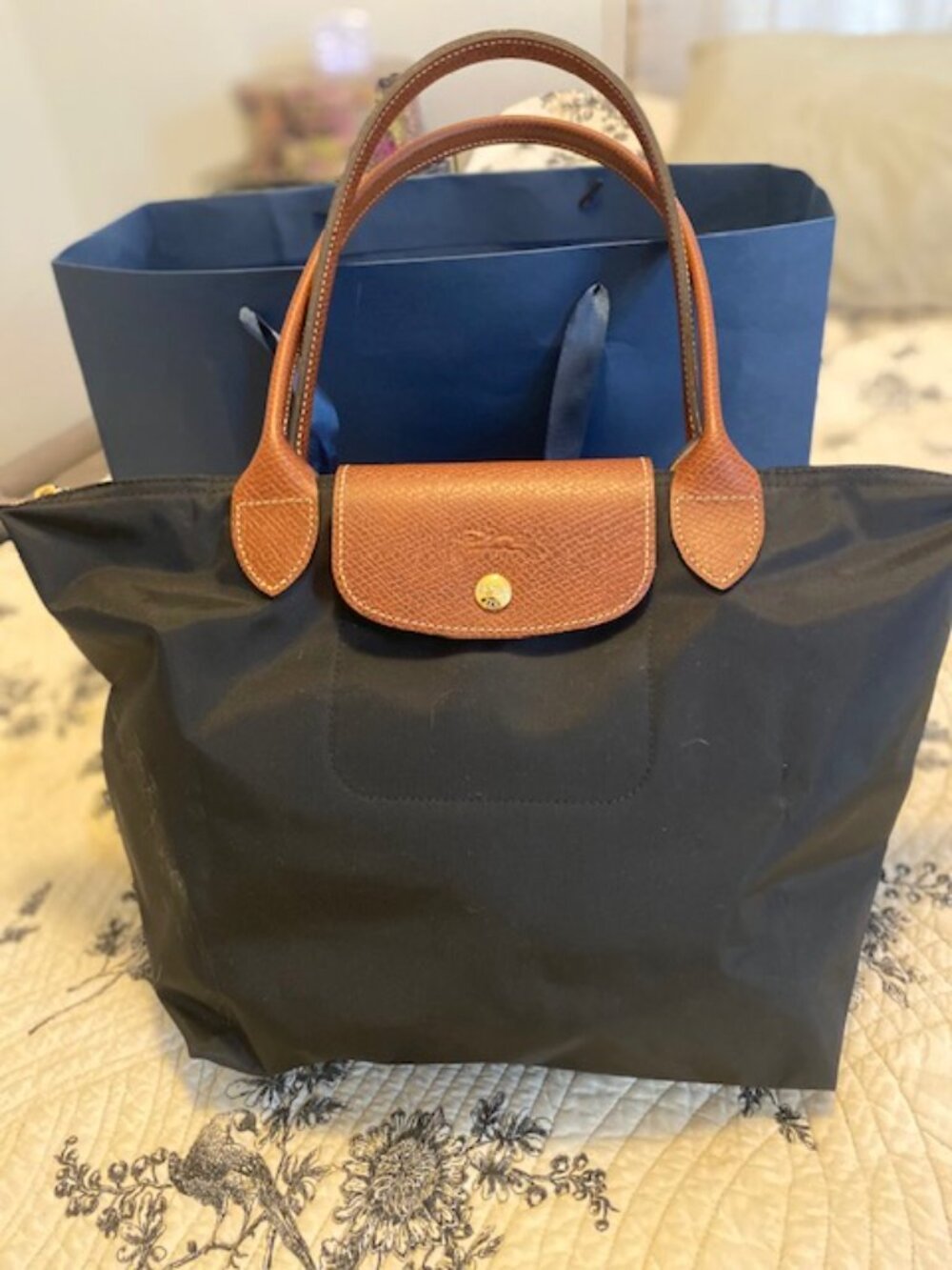 Longchamp Le Pliage Medium Tote Bag BLACK Women’s Nylon Leather Shoulder